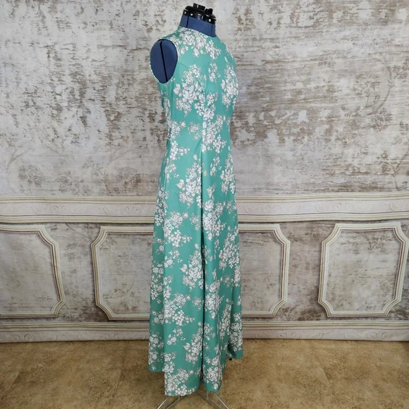 Vintage 1970s M Maxi Dress & Jacket Green Floral Mod Vintage VTG 70s Sleeveless - Picture 14 of 16